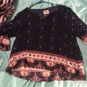semi crop top navy blue tribal pattern blouse.